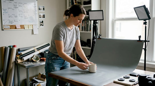 Photographer preparing product shoot in home studio