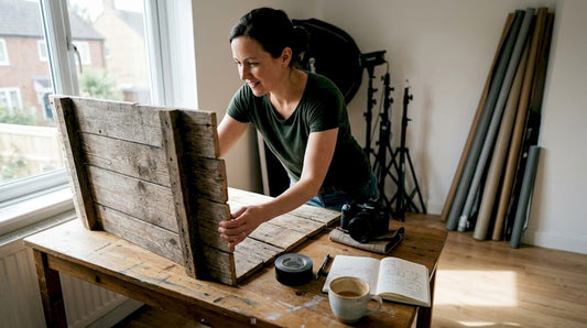 Photographer arranging wood backdrop on studio table