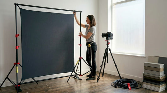 Photographer setting up portable backdrop stand