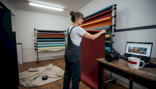Photographer selects backdrop in working studio