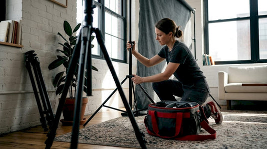 Photographer setting up portable backdrop at home
