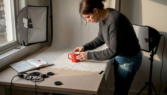 Photographer prepping mug in compact studio