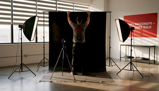 Photographer adjusting vinyl backdrop in studio