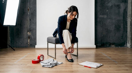 Model adjusting shoe in layered studio setting